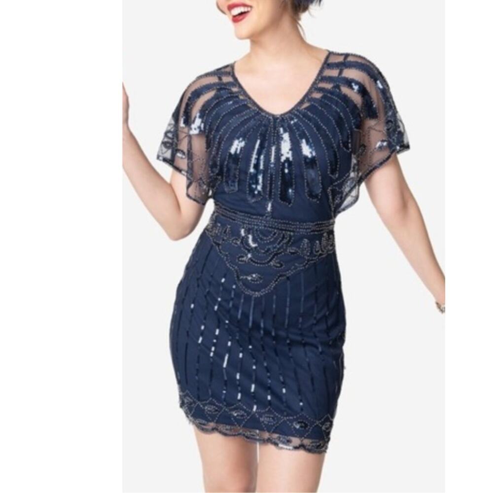 Unique Vintage Women's Dress Blue and Silver Sequins Beaded Sheer Sleeves Size L